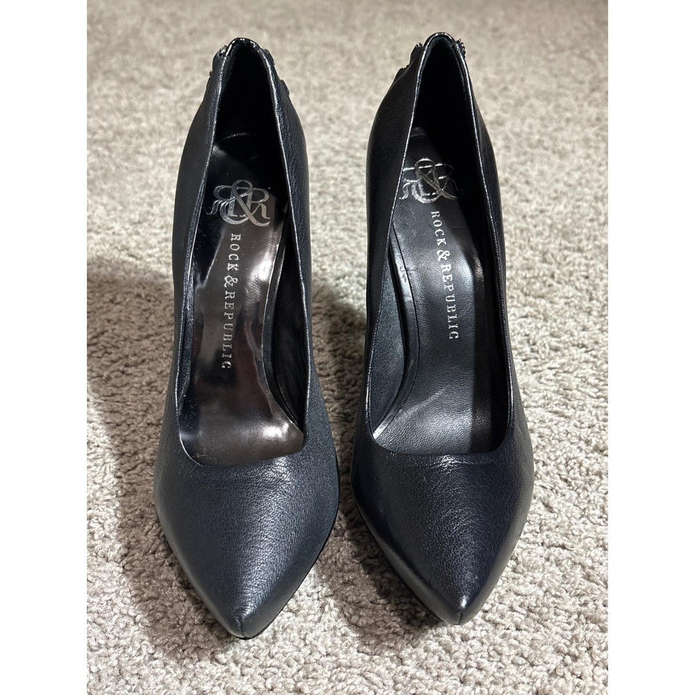 Rock & Republic Black Leather Chain Lace Up Heel Platform Pumps Pointed Toe 37